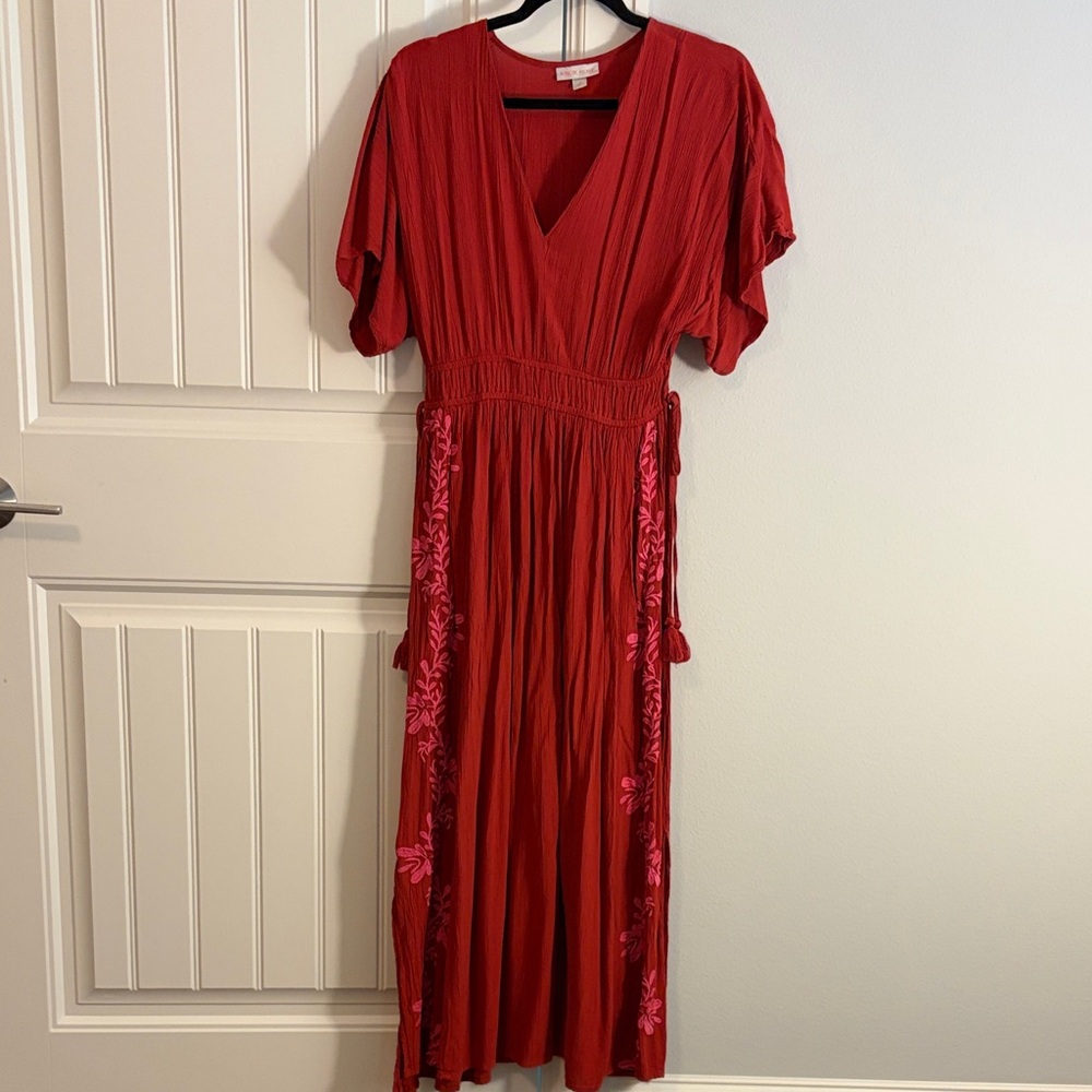 Knox Rose Red Midi Dress with Pink Embroidery